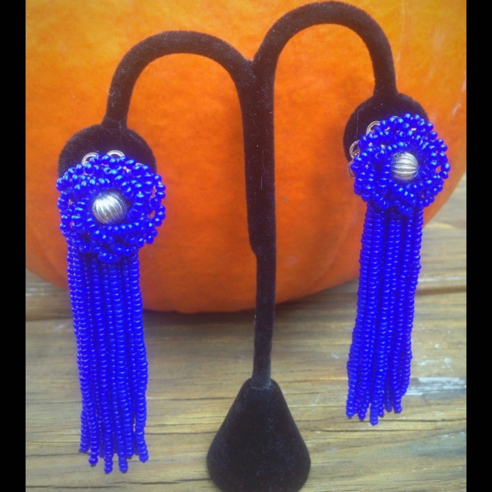Cobalt Blue Handbeaded Shoulderduster Flapper Clipon Earrings